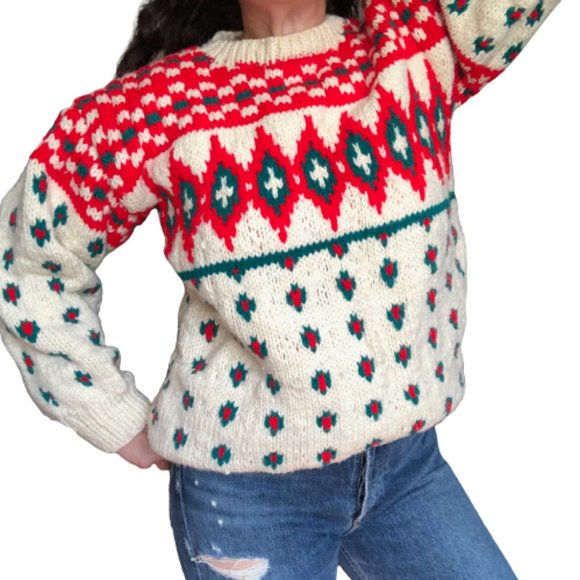 Vtg Hand Knit Christmas Nordic Southwestern Aztec Fisherman Grandpa Wool Sweater - Picture 4 of 12